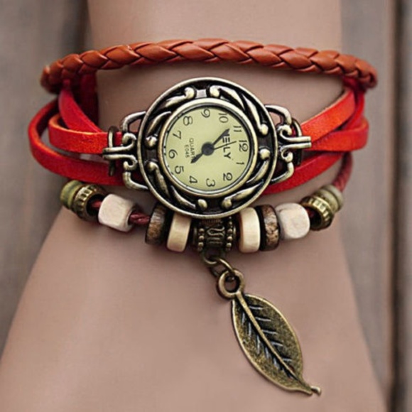 Accessories - Leather Leaf Charm Bracelet Quartz Wrist Watch Red